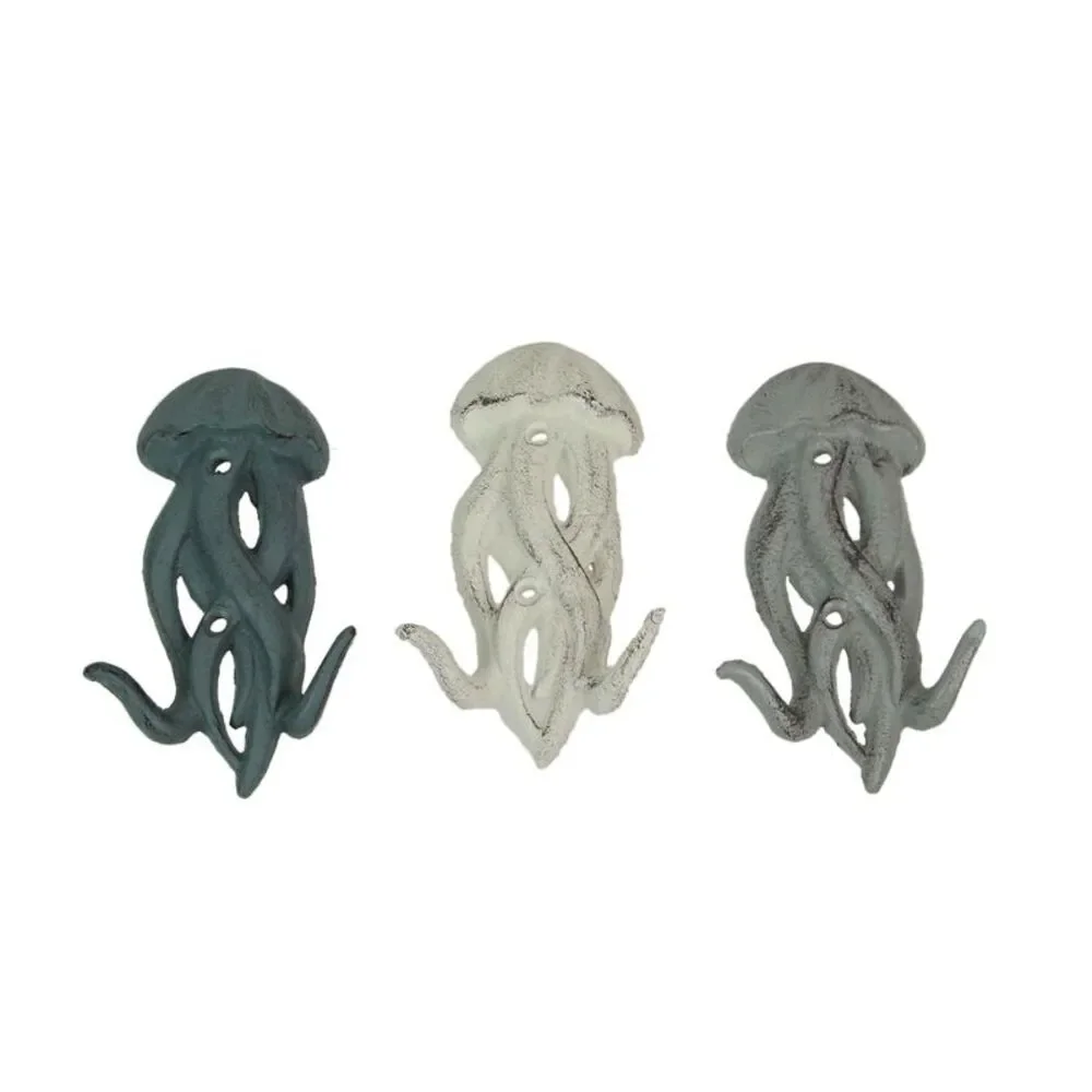 Set of 3 Cast Iron Jellyfish Wall Hooks 5 Inches High Coastal Decor